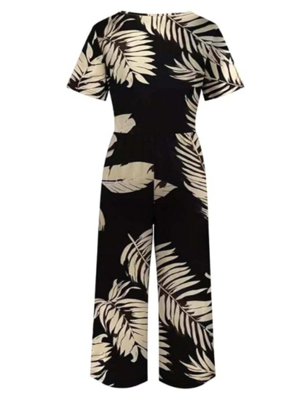 Tropical Palm Leaf Short Sleeve V Neck Elastic Waist Wide Leg Cropped Jumpsuit - Picture 3 of 7